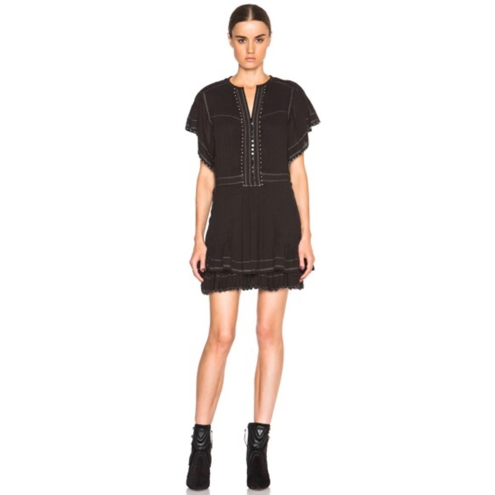 Isabel‎ Marant Ral Pleated Cotton Crepe Dress Black 38 US 6 Boho Mini Designer